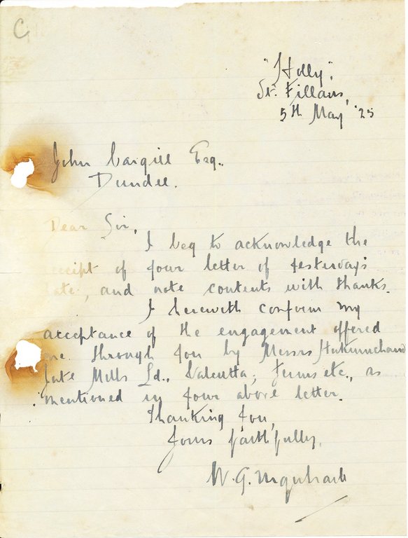 Letter from W. G. Urquhart to J. Cargill Esq., 5th May 1925 DUNIH 2016.11.3
