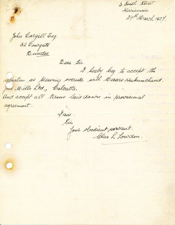 Letter from C. L. Lowdon to J. Cargill Esq., 29th March 1927 DUNIH 2016.11.31