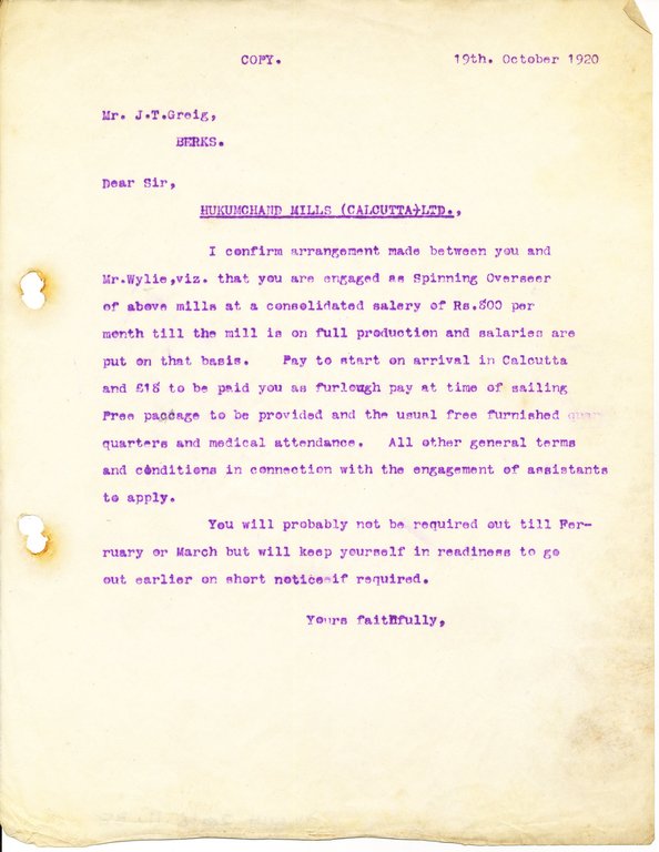 Letter to J. T. Greig, 19th October 1920 DUNIH 2016.11.38