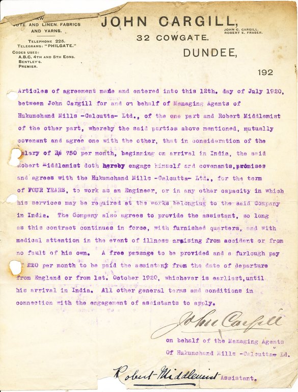 Contract relating to the job offer for Robert Middlemist, 12th July 1920 DUNIH 2016.11.40