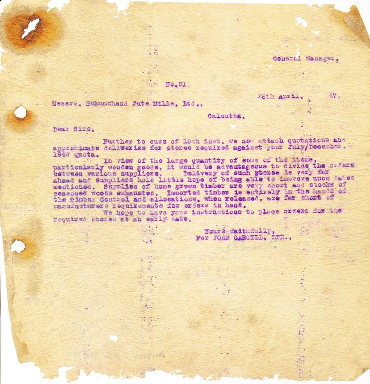Letter from J. Cargill Ltd. to Hukumchand Jute Mills Ltd., 28th April 1947 DUNIH 2016.11.80