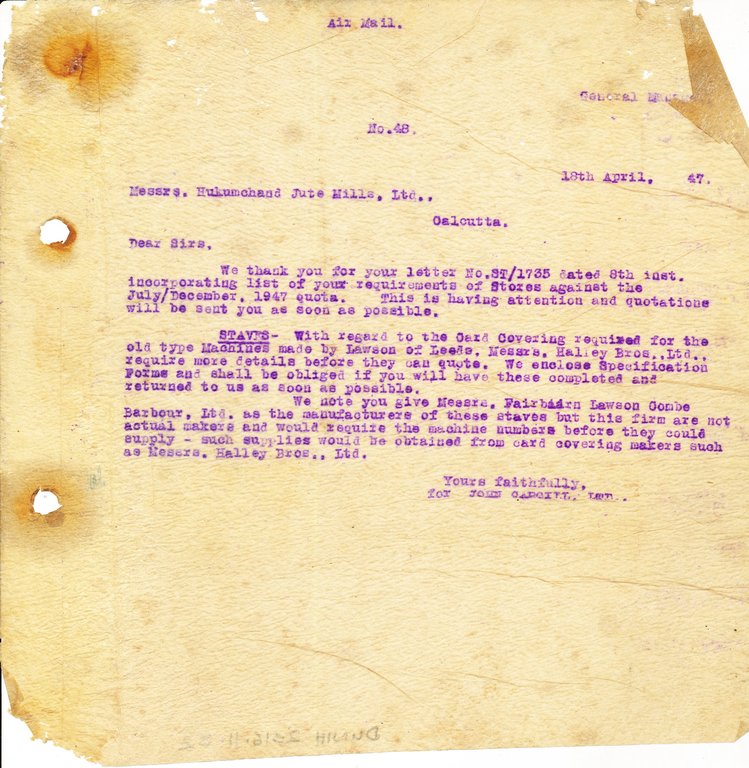 Letter from J. Cargill Ltd. to Hukumchand Jute Mills Ltd., 18th April 1947 DUNIH 2016.11.82