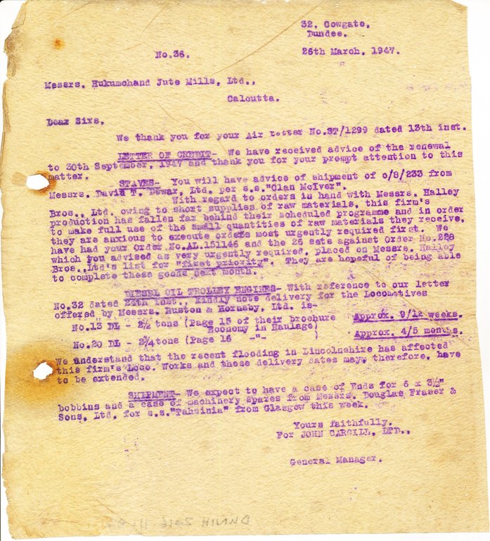 Letter from J. Cargill Ltd. to Hukumchand Jute Mills Ltd., 26th March 1947 DUNIH 2016.11.84