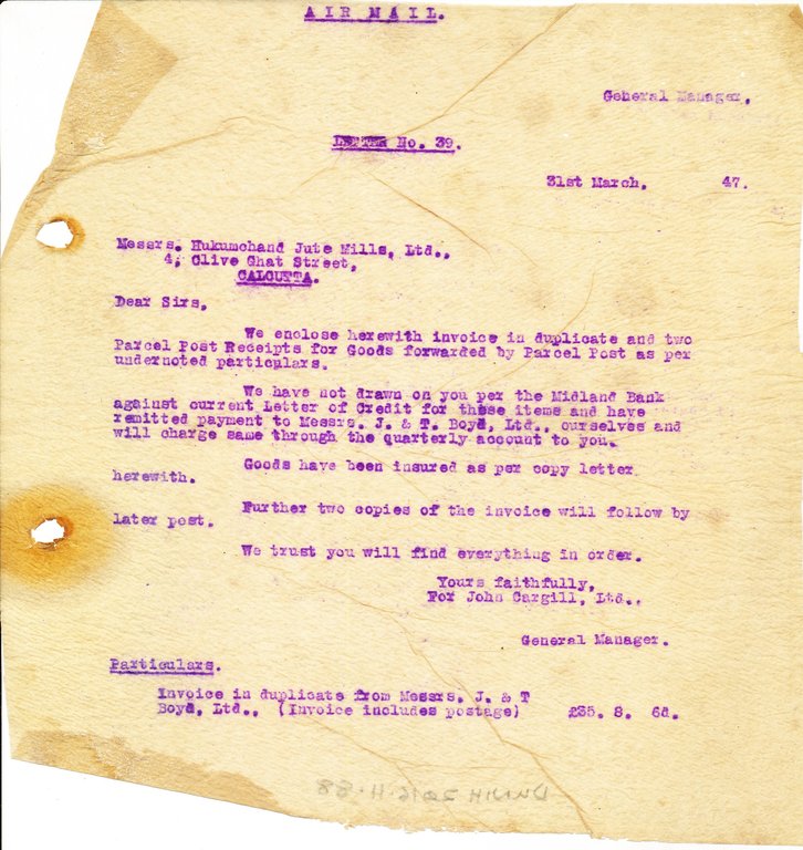 Letter from J. Cargill Ltd. to Hukumchand Jute Mills Ltd., 31st March 1947 DUNIH 2016.11.88