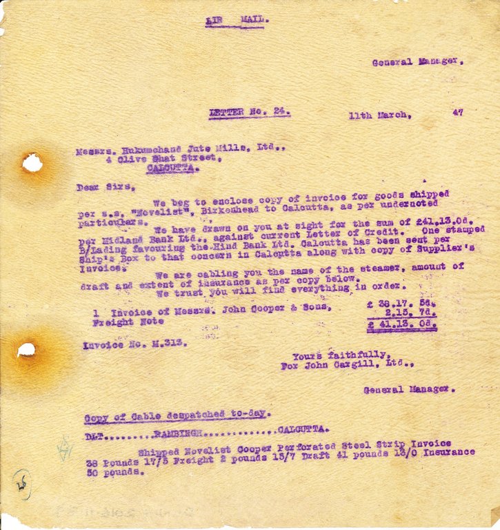 Letter from J. Cargill Ltd. to Hukumchand Jute Mills Ltd., 11th March 1947 DUNIH 2016.11.89