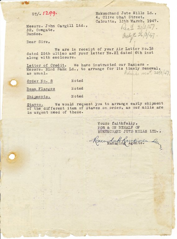 Letter from Hukumchand Jute Mills Ld. to J. Cargill Ltd., 13th March 1947 DUNIH 2016.11.90