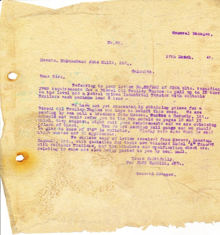 Letter from J. Cargill Ltd. to Hukumchand Jute Mills Ltd., 17th March 1947 DUNIH 2016.11.92