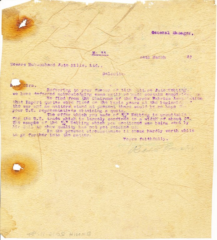 Letter to Hukumchand Jute Mills Ltd., 24th March 1947 DUNIH 2016.11.94