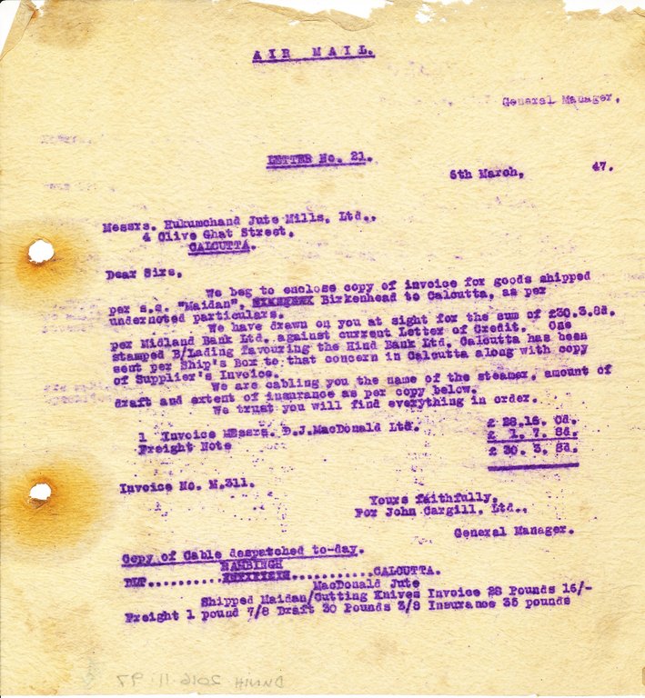 Letter from J. Cargill Ltd. to Hukumchand Jute Mills Ltd., 6th March 1947 DUNIH 2016.11.97