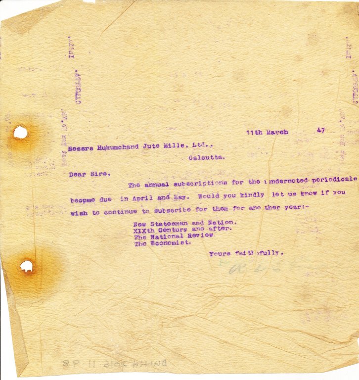 Letter to Hukumchand Jute Mills Ltd., 11th March 1947 DUNIH 2016.11.98