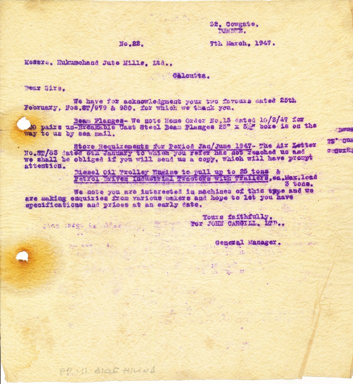 Letter from J. Cargill Ltd. to Hukumchand Jute Mills Ltd., 7th March 1947 DUNIH 2016.11.99