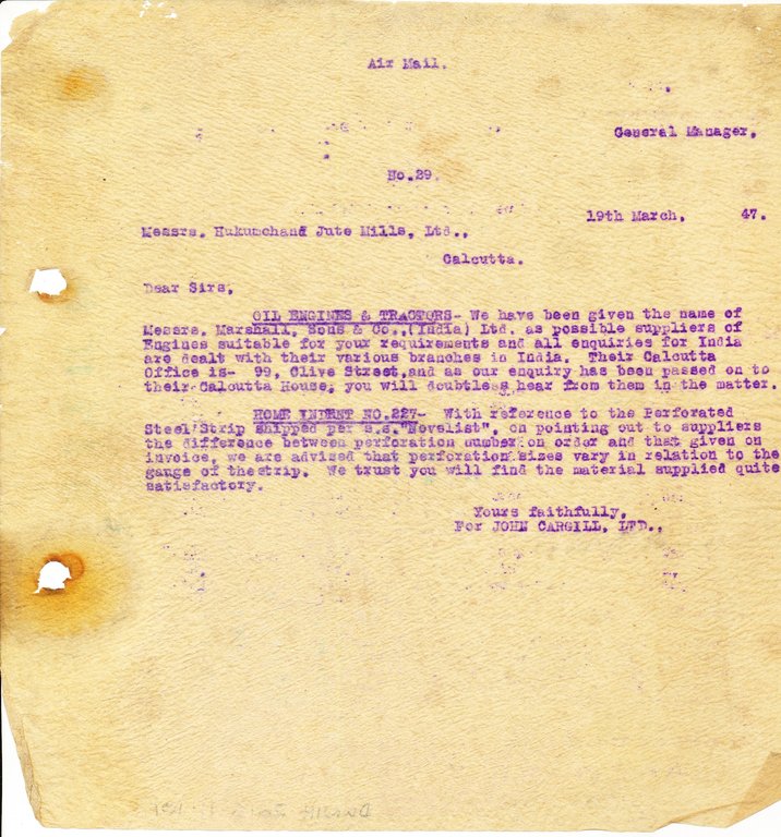 Letter from J. Cargill Ltd. to Hukumchand Jute Mills Ltd., 19th March 1947 DUNIH 2016.11.101
