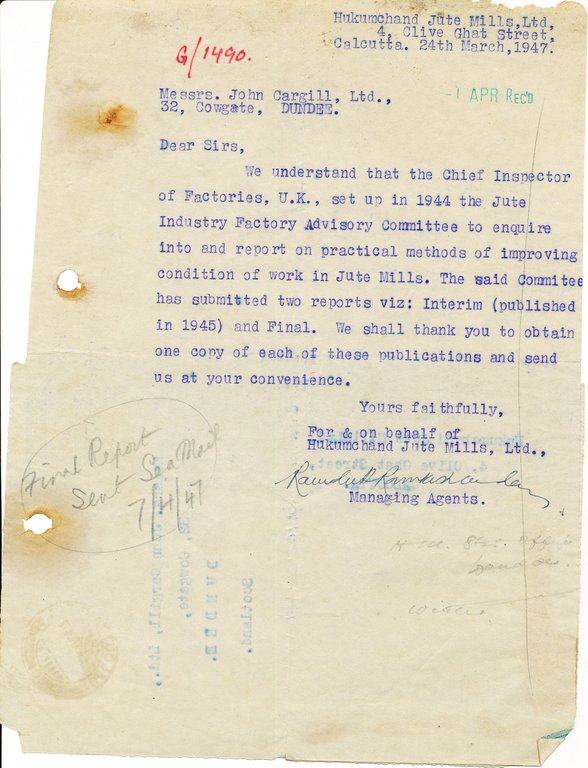 Letter from Hukumchand Jute Mills Ltd. to J. Cargill Ltd., 24th March 1947 DUNIH 2016.11.103.1