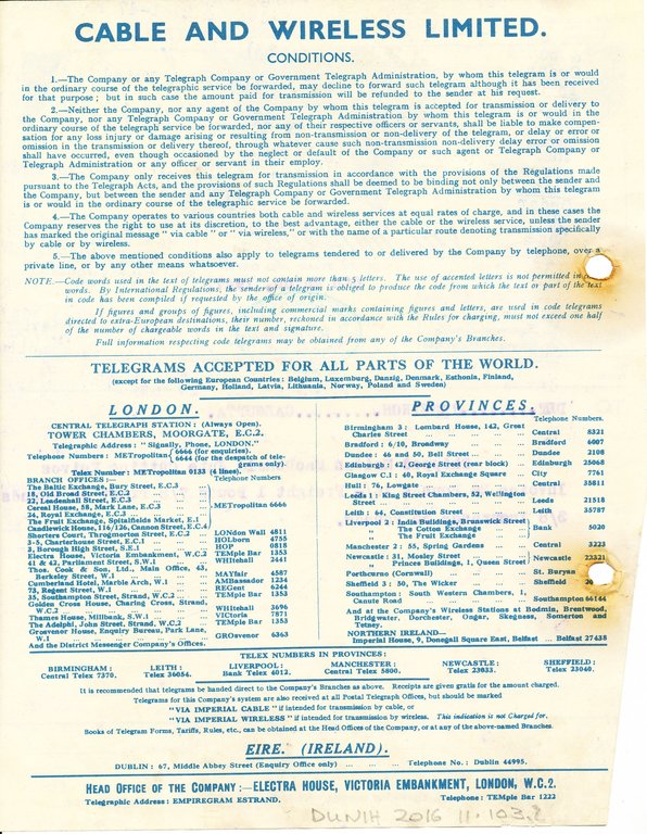 Telegram to DLT Rambingh Calcutta, 6th March 1947 DUNIH 2016.11.103.2