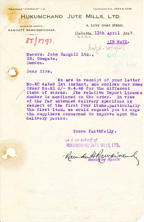 Letter from Hukumchand Jute Mills Ltd. to J. Cargill Ltd., 11th March 1947 DUNIH 2016.11.106