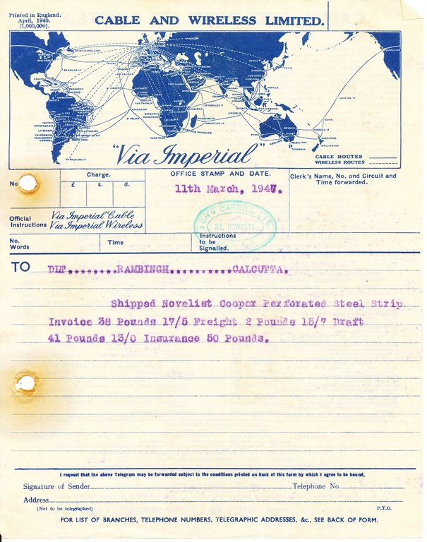 Telegram to DLT Rambingh Calcutta, 11th March 1947 DUNIH 2016.11.108