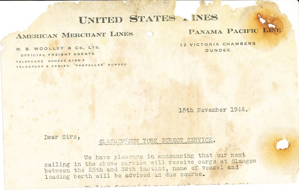 Letter from United States Lines, 15th November 1946 DUNIH 2016.11.109