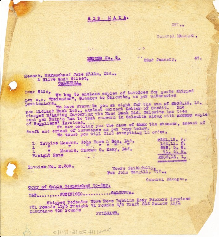 Letter from J. Cargill Ltd. to Hukumchand Jute Mills Ltd., 22nd January 1947 DUNIH 2016.11.110