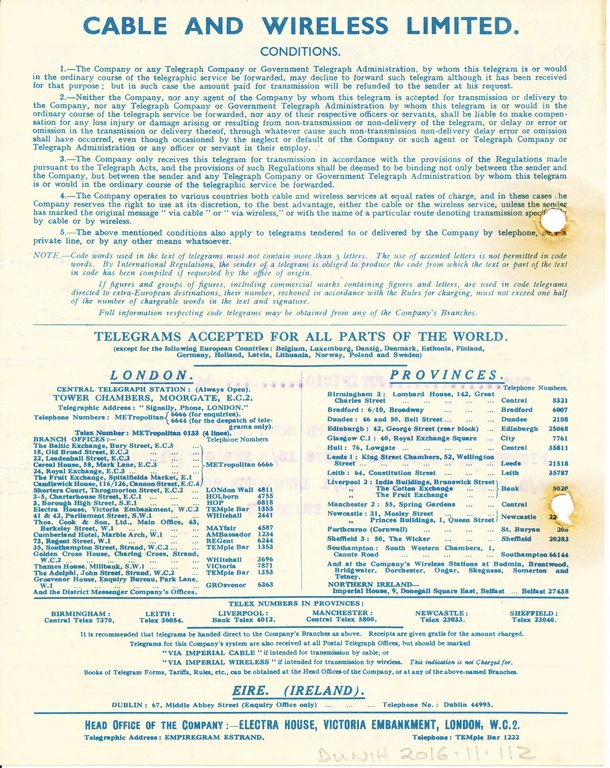 Telegram from Philgate to DLT Jutificio Calcutta, 22nd January 1947 DUNIH 2016.11.112