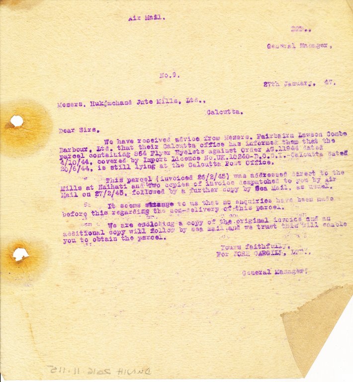Letter from J. Cargill Ltd. to Hukumchand Jute Mills Ltd., 27th January 1947 DUNIH 2016.11.115