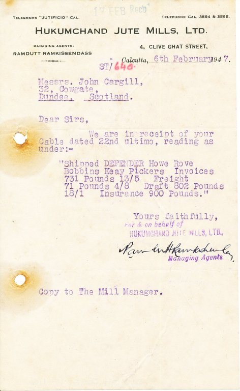 Letter from Hukumchand Jute Mills Ltd. to J. Cargill, 6th February 1947 DUNIH 2016.11.116