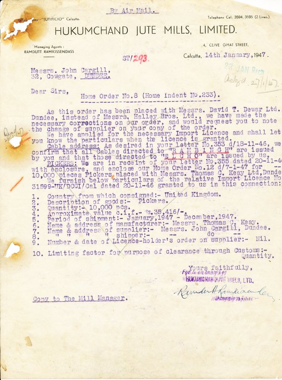Letter from Hukumchand Jute Mills Ltd. to J. Cargill, 14th February 1947 DUNIH 2016.11.118