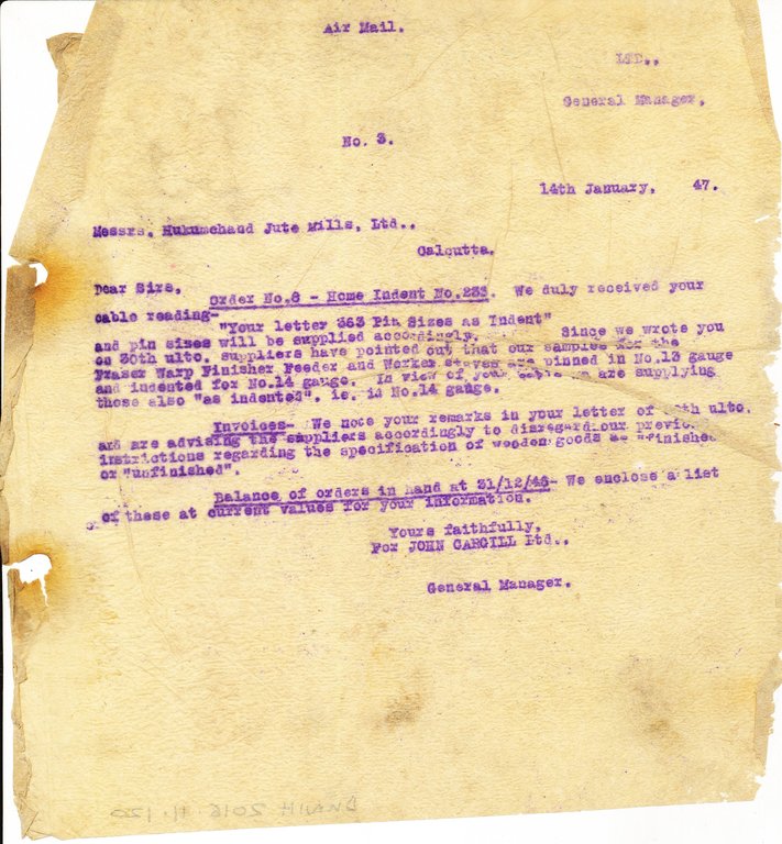Letter from J. Cargill Ltd. to Hukumchand Jute Mills Ltd., 14th January 1947 DUNIH 2016.11.120