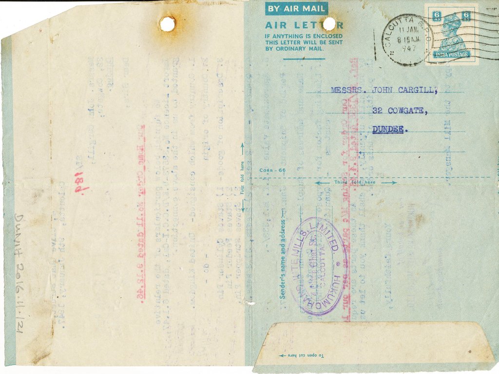 Letter from Hukumchand Jute Mills Ltd. to J. Cargill, 9th January 1947 DUNIH 2016.11.121