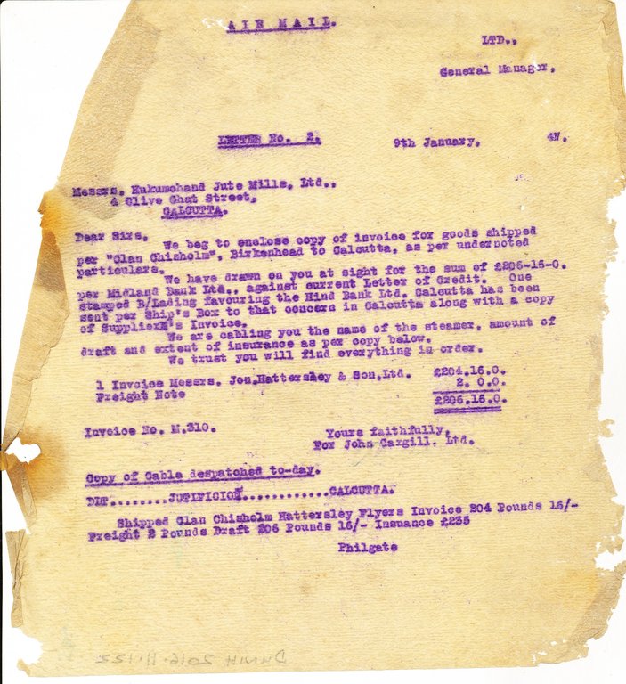 Letter from J. Cargill Ltd. to Hukumchand Jute Mills Ltd., 9th January 1947 DUNIH 2016.11.122