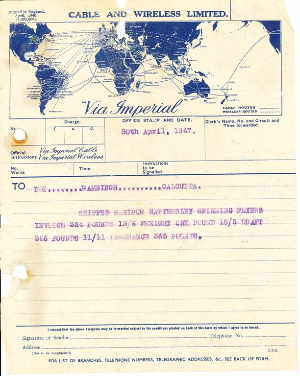 Telegram to DLT Rambingh Calcutta, 30th April 1947 DUNIH 2016.11.123