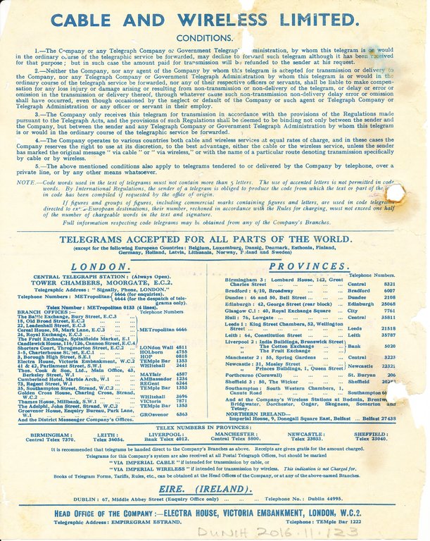 Telegram to DLT Rambingh Calcutta, 30th April 1947 DUNIH 2016.11.123