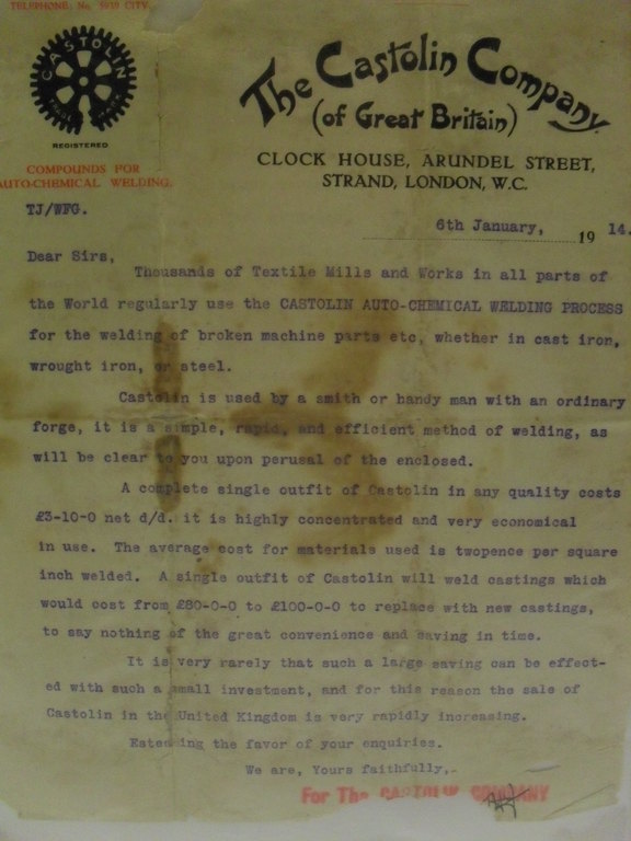 Letter from The Castolyn Company, 6th January 1914 DUNIH 2016.40.23