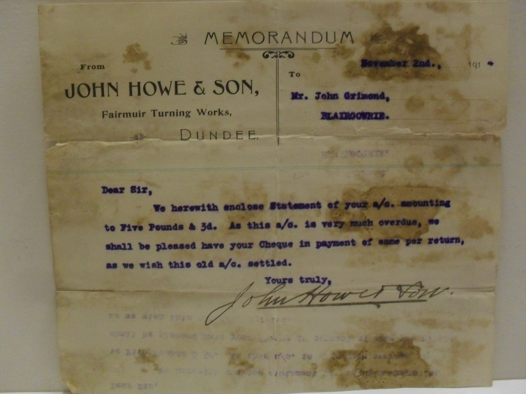 Memorandum to Mr. J. Grimond from J. Howe & Son, 2nd November 1914 DUNIH 2016.40.29