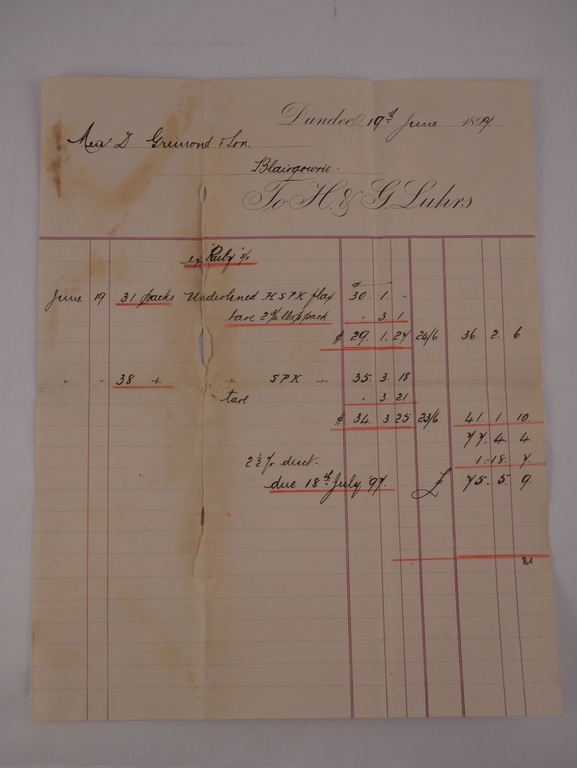 Invoice from H. & G. Luhrs to D. Grimond & Son, 19th June 1897 DUNIH 2017.1.12.2