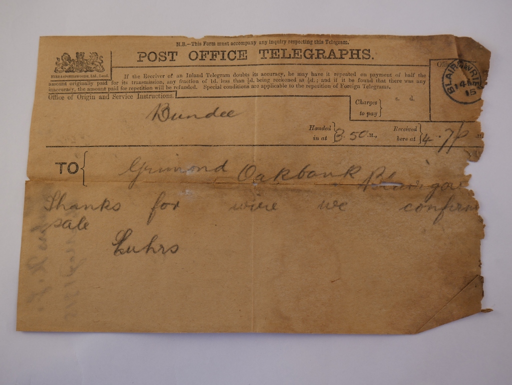 Telegram from Luhrs to Grimond, 14th May 1915 DUNIH 2017.1.12.6