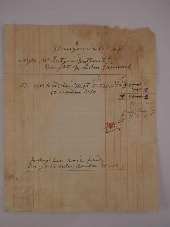 Invoice from J. Grimond to Mc Intyre Brothers Ld., 17th September 1914 DUNIH 2017.1.13.1