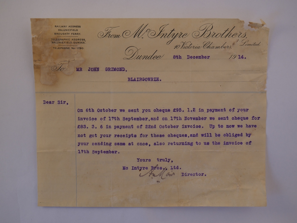 Letter from Mc Intyre Brothers Ltd. to J. Grimond, 8th December 1914 DUNIH 2017.1.13.2