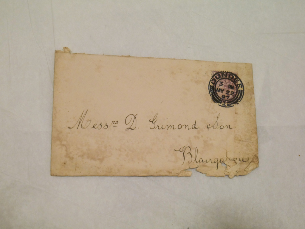 Envelope addressed to D. Grimond & Son, 22nd May 1897 DUNIH 2017.1.14.2