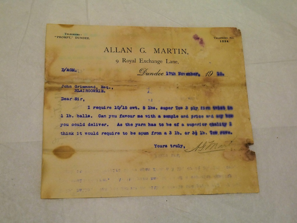 Letter from Allan G. Martin to D. Grimond, dated 17th November 1915 DUNIH 2017.1.15.3