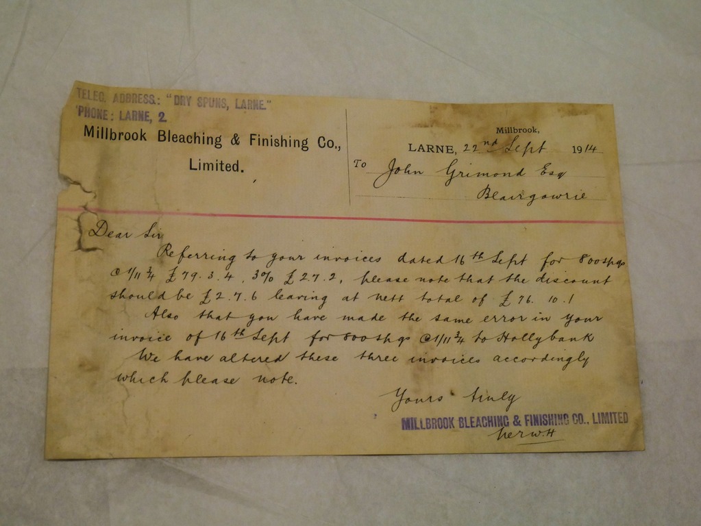 Letter from Millbrook Bleaching to John Grimond, dated 22nd Sep 1914 DUNIH 2017.1.17.1