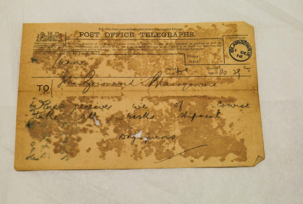 Telegram from Millbrook Bleaching to John Grimond, dated 1st Dec 1914 DUNIH 2017.1.17.5