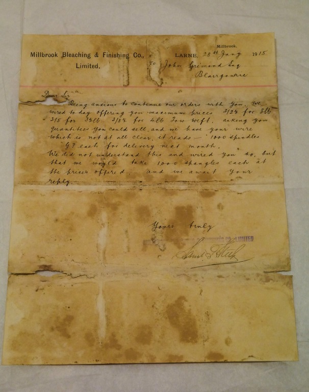 Letter from Millbrook Bleaching to John Grimond, dated 28th Jan 1915 DUNIH 2017.1.17.6