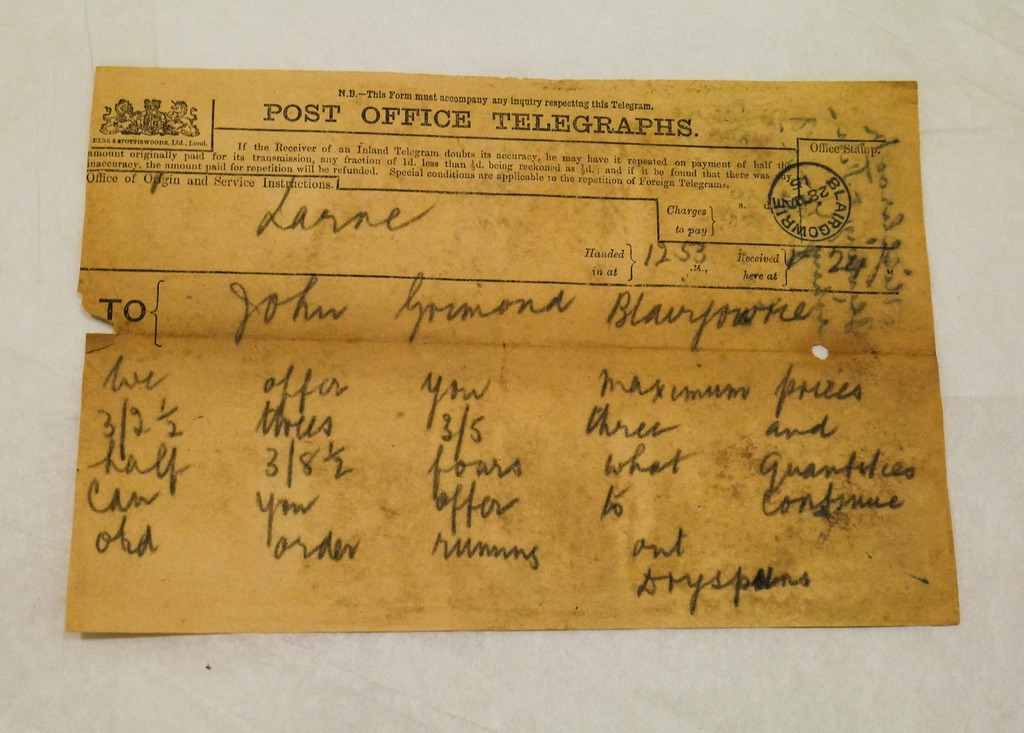 Telegram from Millbrook Bleaching to John Grimond, dated 28th Jan 1915 DUNIH 2017.1.17.7