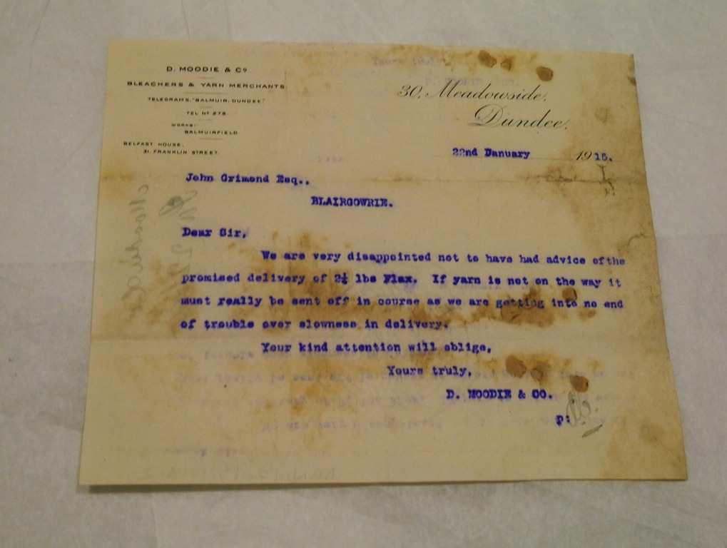 Letter from D. Moodie & Co to John Grimond dated 22nd Jan 1915 DUNIH 2017.1.18.2