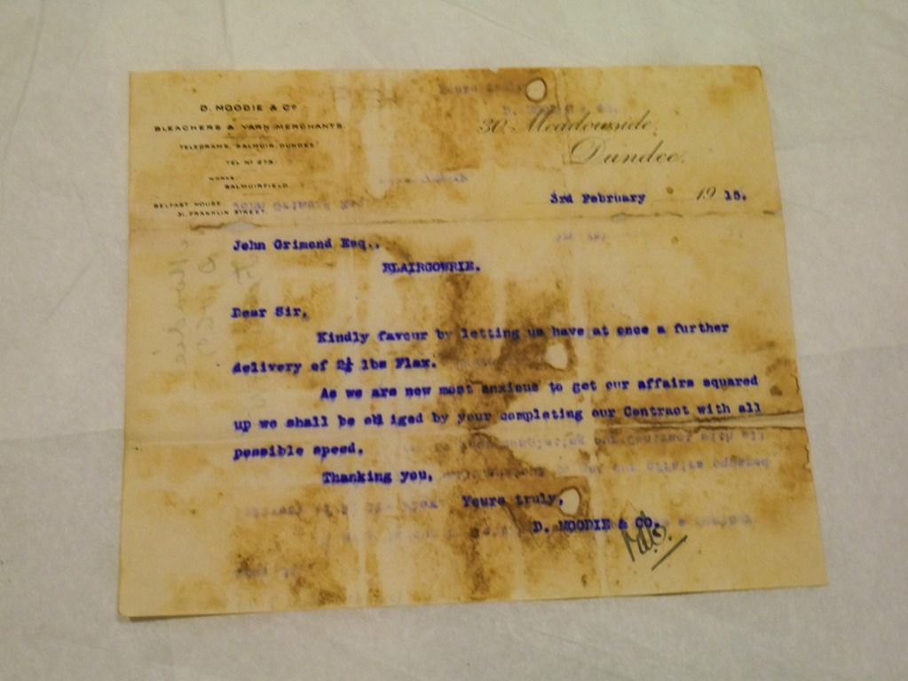 Letter from D. Moodie & Co to John Grimond dated 3rd Feb 1915 DUNIH 2017.1.18.3
