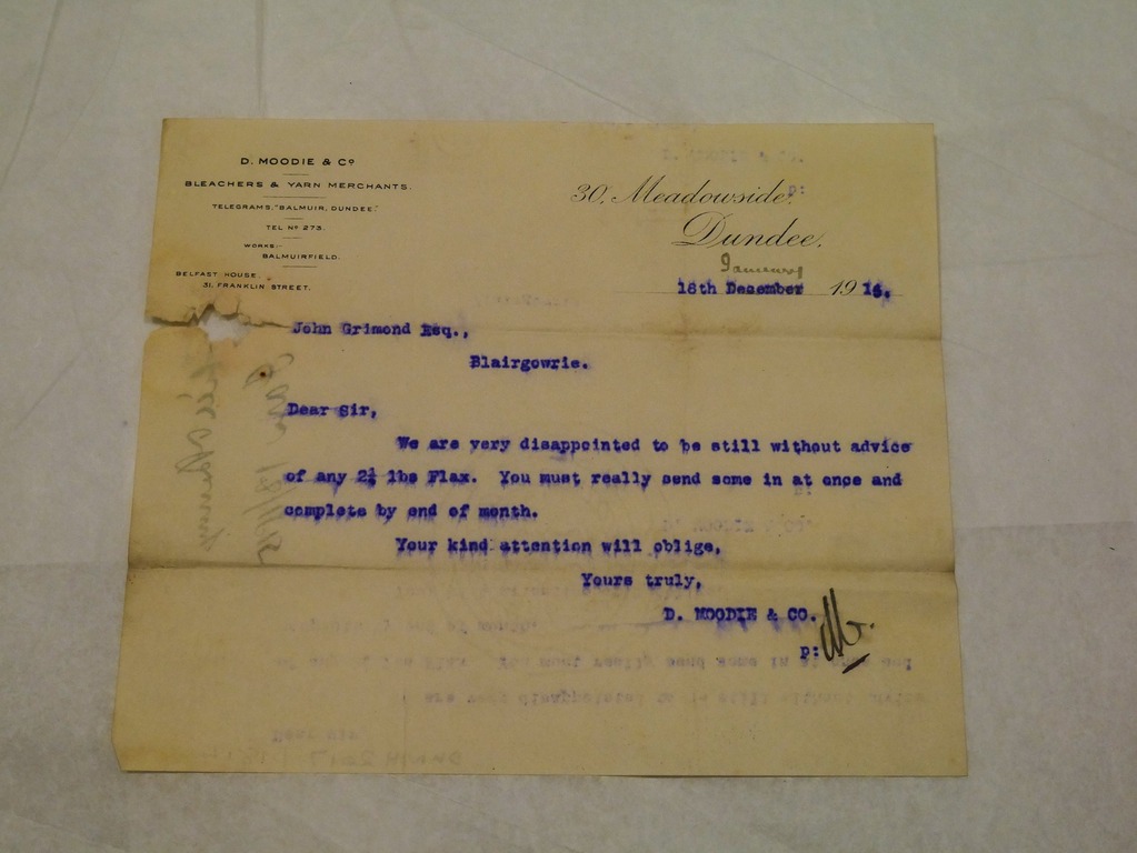 Letter from D. Moodie & Co to John Grimond dated 18th Feb 1915 DUNIH 2017.1.18.4