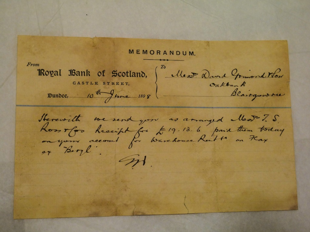 Letter from Royal Bank of Scotland to David Grimond Esq. dated 10th June 1898 DUNIH 2017.1.19.3