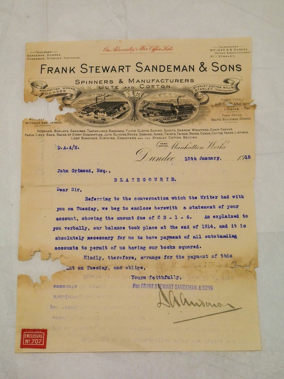 Letter from Frank Stewart Sandeman to John Grimond, dated 15th Jan 1915 DUNIH 2017.1.20