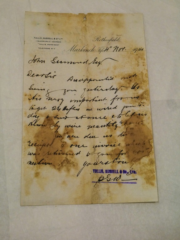 Letter from Tulis, Russell & Co to John Grimond dated 4th Nov 1914 DUNIH 2017.1.22.1
