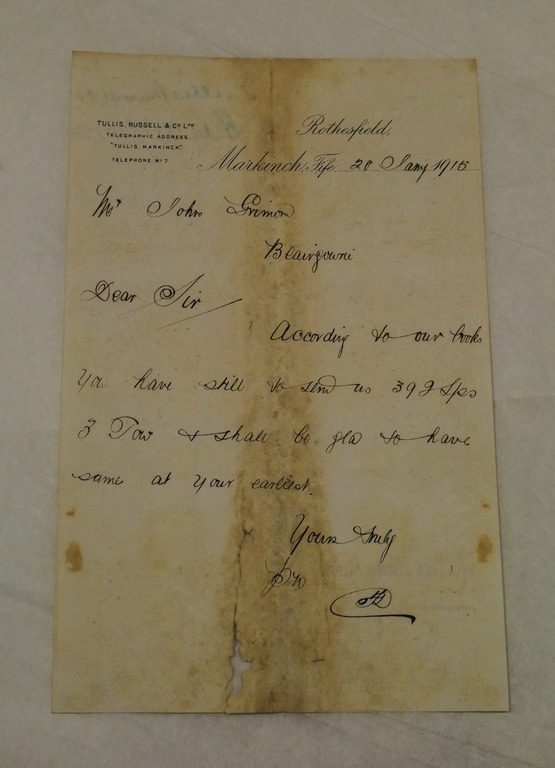 Letter to John Grimond Esq. from Tulis, Russell & Co., dated 20th Jan 1915 DUNIH 2017.1.22.5